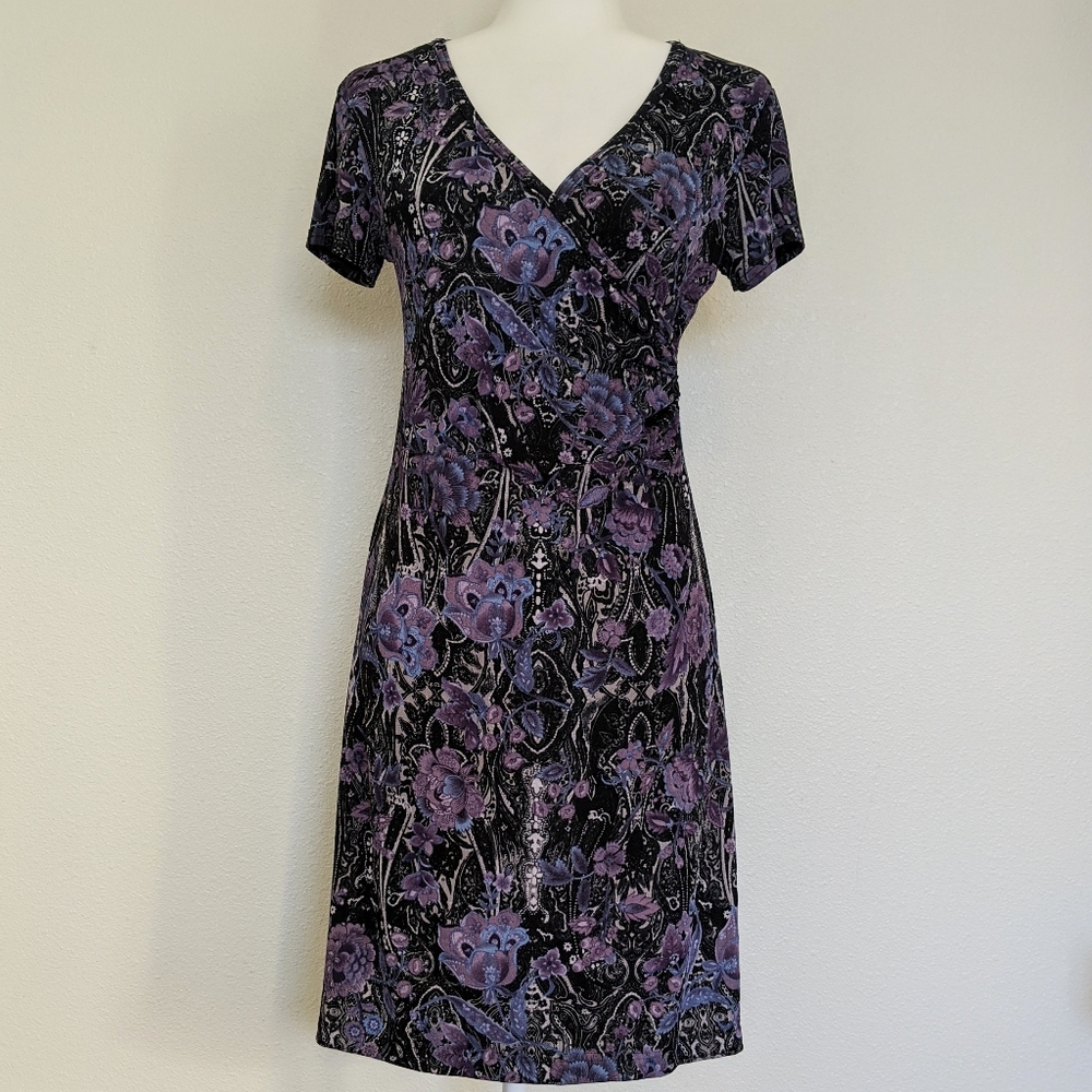 Midnight Paisley Faux Wrap Slinky Dress Size Small